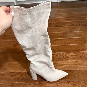 Women's Knee-High Pointed Toe Block Heel Boot - Cream